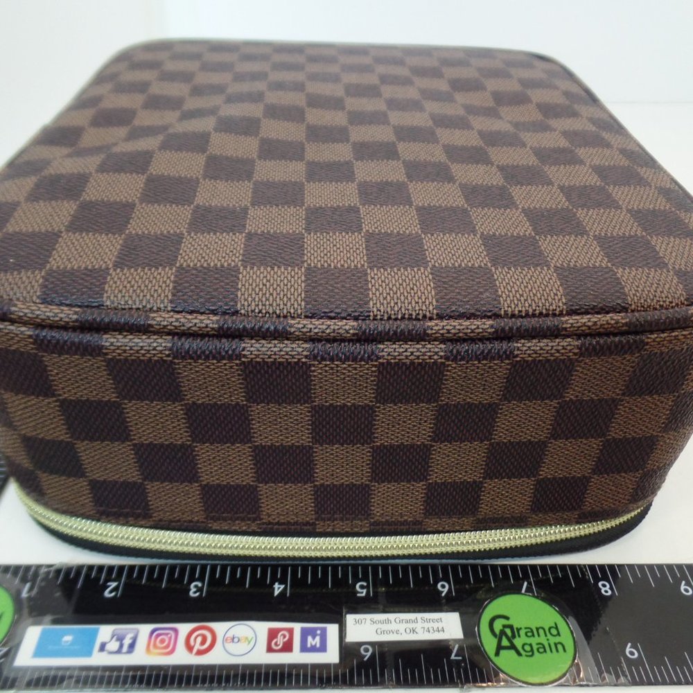 VOKUR Brown & Tan Square Traveling Jewelry Box Coated Canvas Zippered Darling - Picture 8 of 16